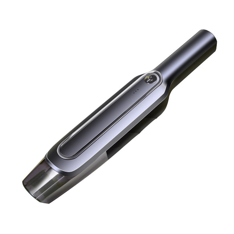 Sleek black handheld vacuum cleaner with transparent dustbin, ideal for quick home or car cleaning tasks.