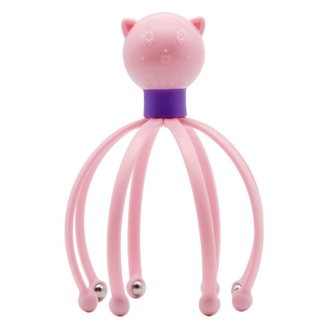 Pink cat-head scalp massager with flexible tentacles and metal beads for relaxation and stress relief