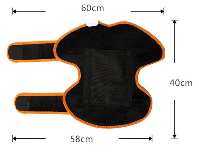 Black and orange pet harness with 60cm width, 40cm height, adjustable straps for comfort and fit