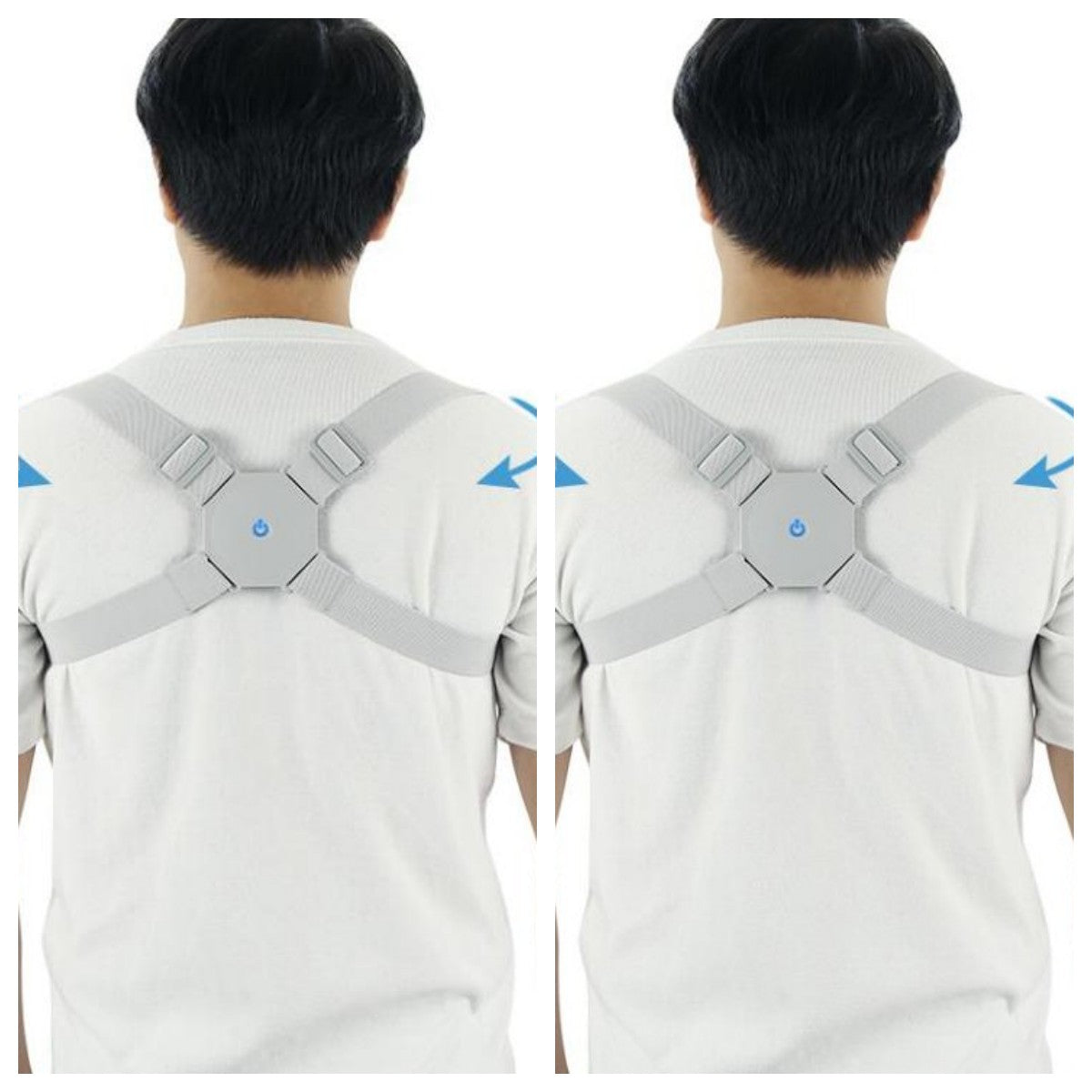 Smart posture corrector with adjustable straps and blue power indicator, worn for back support and alignment